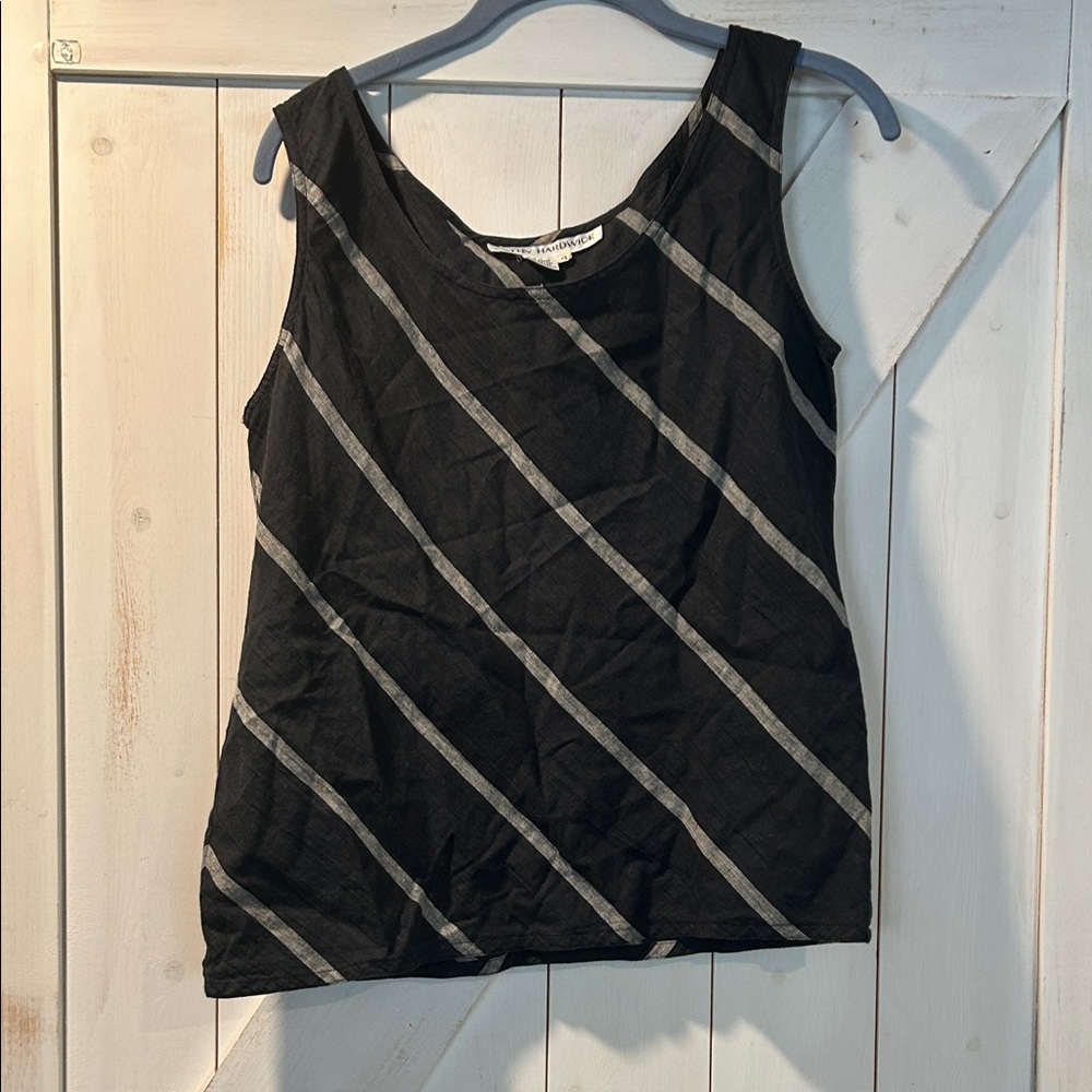 Cathy Hardwick Ramie Cotton Gray Black Diagonal Stripe Scoop Neck Tank Top 4